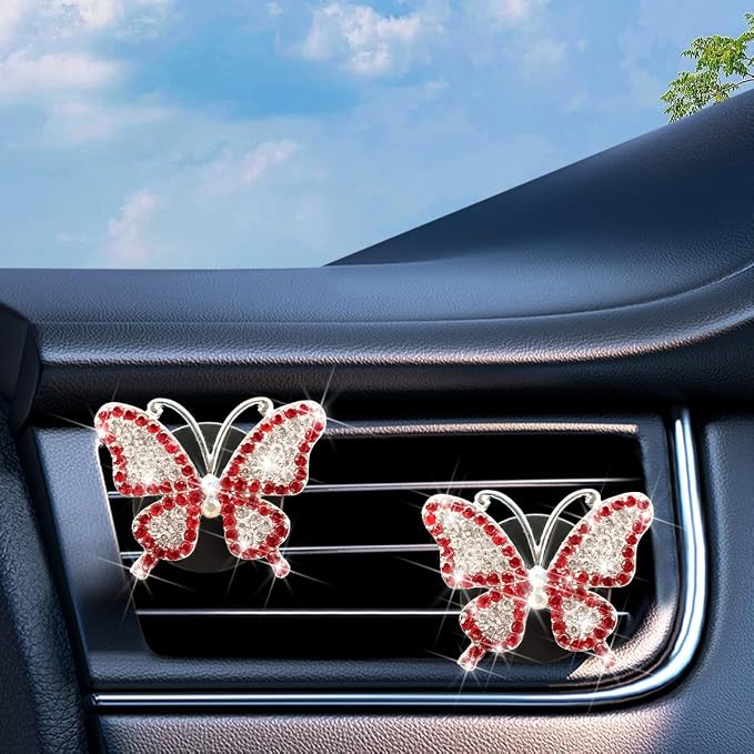 Bittwee 2PCS Bling Butterfly Car Freshener Air Vent Clips, Sparkling Crystal Rhinestone Auto Diffuser Clamps, Full Diamond Vehicle Interior Decoration Charm for Women Girls, Universal Fit（Red）