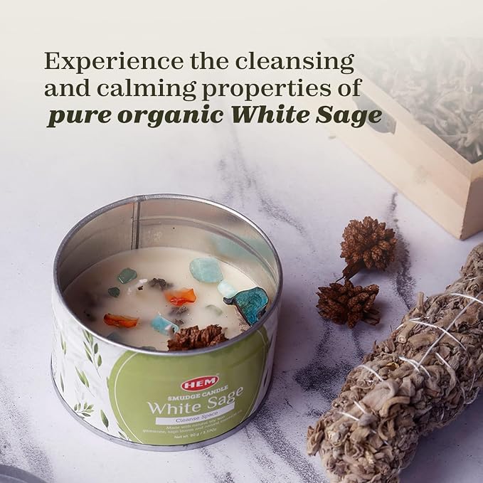 HEM White Sage Smudge Candle – 3.2 oz Natural Soy Wax with Healing Crystals Inside | Scented Candle for Cleansing, Meditation, Yoga & Relaxation | Long Lasting 20 Hr Clean Burn