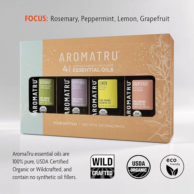 AromaTru Focus Essential Oil Kit – Rosemary, Peppermint, Lemon, and Grapefruit – Organic & Wildcrafted – ISO Certified – No Synthetic Fillers – Ethically Sourced