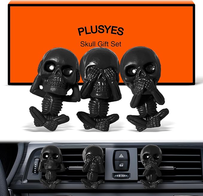 Skull Car Air Freshener Vent Clips, Goth Decor Interior, Gothic Halloween Cool Decoration Horror Skeleton Dashboard Accessories Spooky, Cute Funny Gifts for Men Women