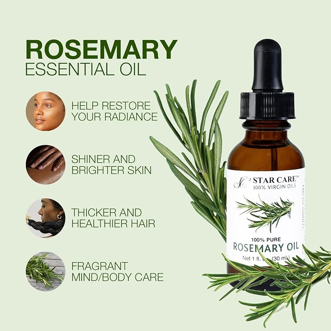100% Pure Rosemary Essential Oil for Hair Growth & Skin Care Steam Distilled Rosemary Oil for Scalp Massage Aromatherapy DIY, Natural Hair Treatment in UV Protected Glass Bottle - 1oz (30ml)