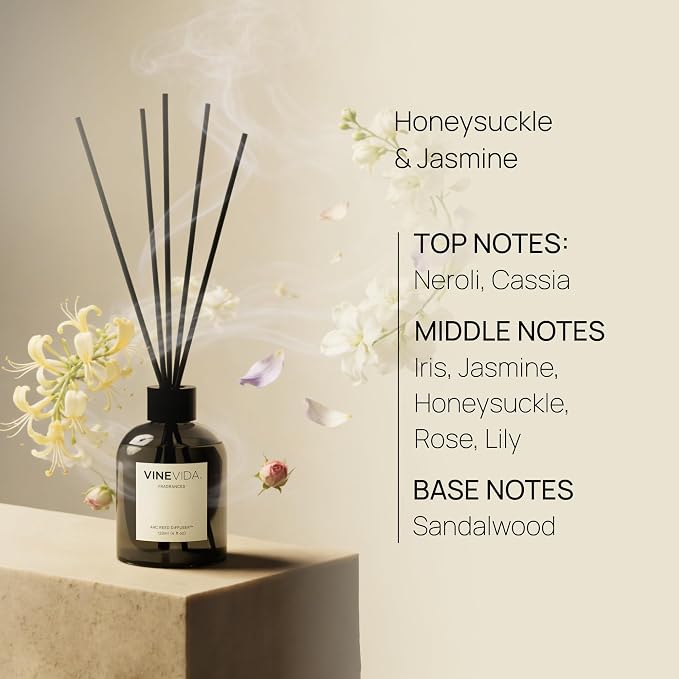 VINEVIDA Reed Diffuser Honeysuckle & Jasmine | Diffuser Reed for Home & Bathroom | Long-Lasting Scent Sticks Set | Oil Stick Diffuser | Bathroom Scent