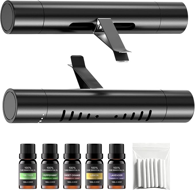 2Pcs Car Air Freshener Vent Clips, Car Diffuser Essential Oils Kit with 5 Different Essential Oils (0.34oz Each) & 12 Refill Sticks, long lasting Cars fragrance for House