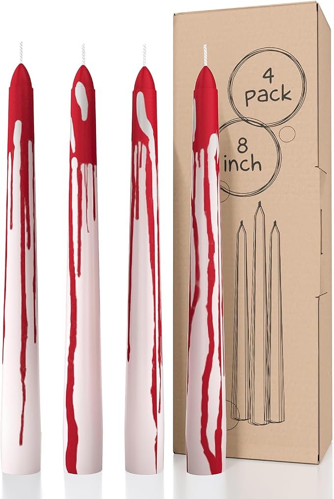 CANDWAX 8 inch Blood White Taper Candles Set of 4 - Smokeless Dripless Scentless Candlesticks - Perfect as Halloween Décor and as Household Dinner Table Centerpiece Candle Sticks