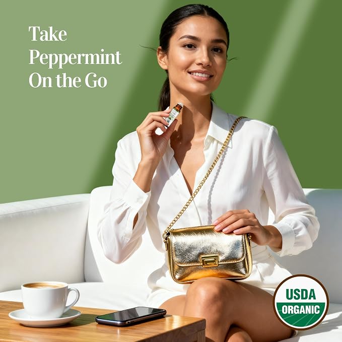Peppermint Essential Oil Roll On for Nausea Relief Morning Sickness Pregnancy - 100% Pure USDA Organic MCT Coconut Oil - Headache Migraine Pregnant Women Safe Cooling - Gemstone Roller 10ml Travel