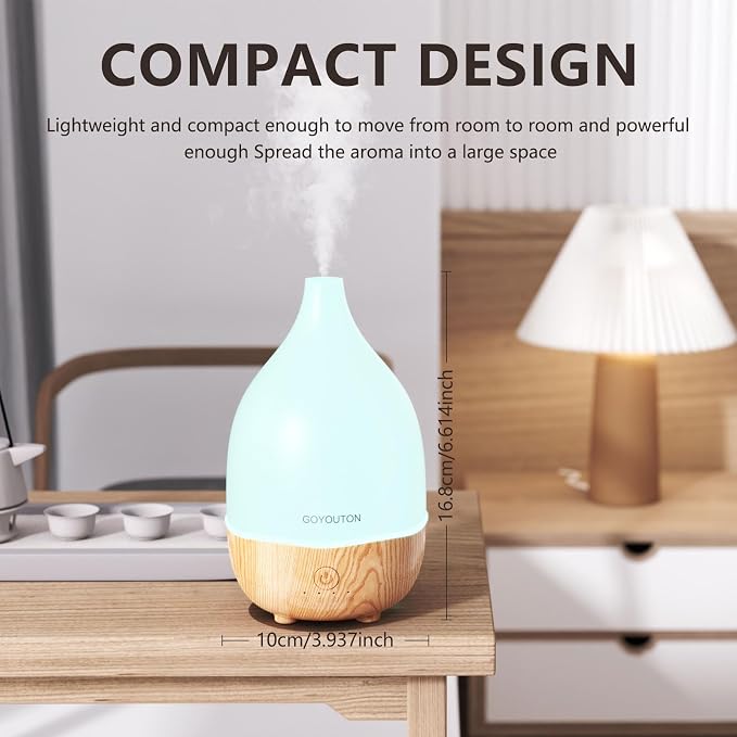 Essential Oil Diffuser, 200ml Small Aromatherapy Diffuser with 7 Color LED Lights Quiet Waterless Auto Shuts-off，Air Humidifier Aroma Diffuser，Ultrasonic Diffusers for Essential Oils for Office Home
