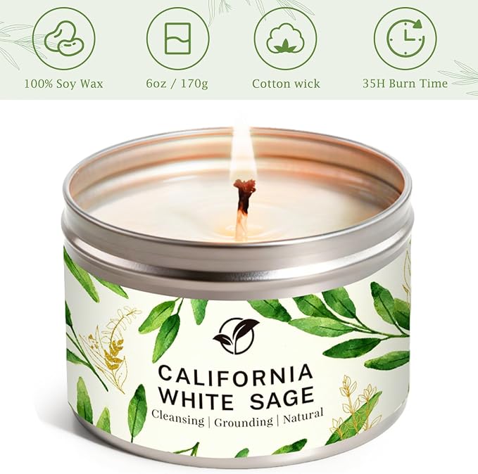 Sage Candles for Cleansing, Pure White Sage Candle 6 OZ- 35 Hour Burn Time, Aromatherapy Candle for Cleansing House Negative Energy Smudge Kit, Spiritual Meditation Housewarming Gifts