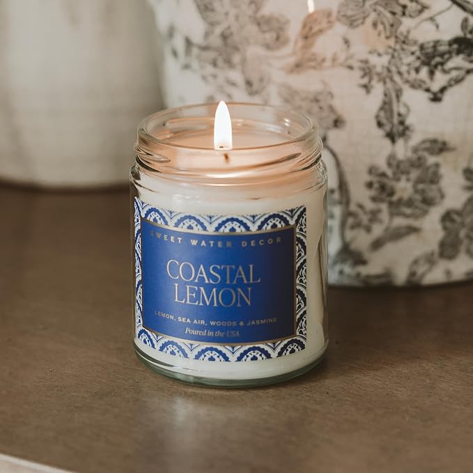 Sweet Water Decor Coastal Lemon Non Toxic Candle – Soy Candle with Lemon, Sea Salt, Woods, Jasmine Aroma – 40 Hour Burn – 9oz Clear Glass Jar – Fresh Mediterranean Home Fragrance