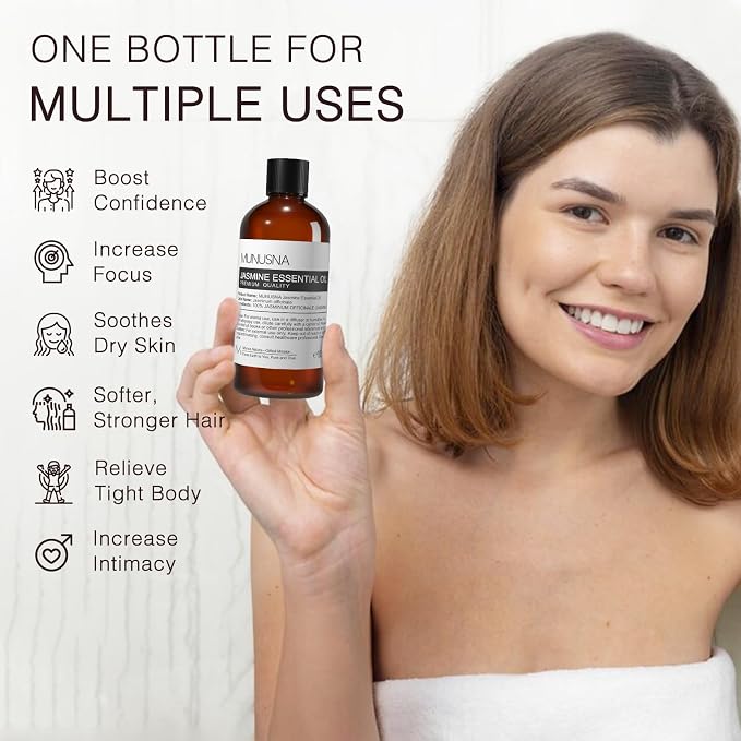 Jasmine Essential Oil 100ML, 100% Pure Natural Jasmine Oils Premium Grade Aromatherapy Oil for Face Skin Body Care, Diffuser, Massage, Home, Soap and Candle Making