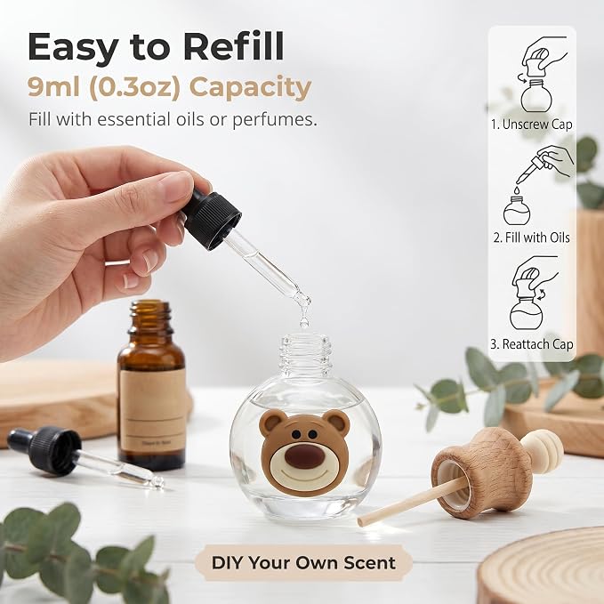 2 Pack Bear Refillable Car Vent Clip Diffuser Empty Glass Bottle | Wood lid aroma bottle with dropper, holds essential oils for car wardrobe home bathroom use
