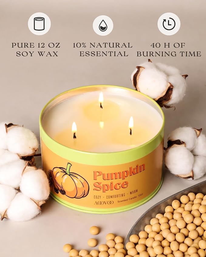 AOOVOO Pumpkin Spice Candle - 3 Wick 12oz Large Fall Candle, Soy Wax Strong Scented Candle Non Toxic, Long Lasting Candles for Home, Aromatherapy Autunm Candles Gift for Women Men