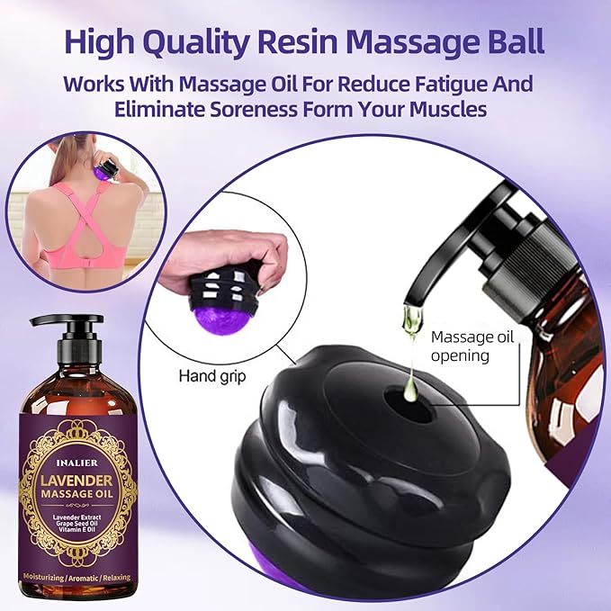 Massage Oil for Massage Therapy,﻿Lavender Oil with Massage Roller Ball & Thumb Saver,SPA Relaxing Oi for Soothing,Massage Kit Spa Gifts for Him Her,Gifts for Men Women