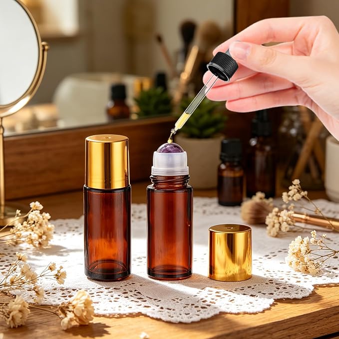 2 Pack 1.7oz Large Amber Glass Roll on Bottles for Essential Oils, Refillable Roller Ball Applicator with Purple Crystal Rollerball, Perfume Deodorant Containers, Leak-Proof for Aromatherapy&Skincare