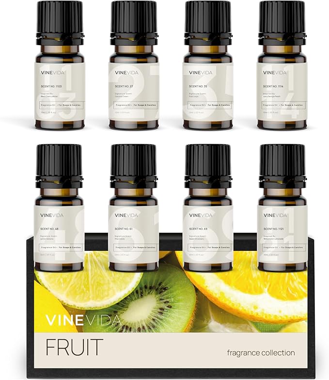 VINEVIDA [Set of 8] Fruit Scents for Candle Making, Made in USA Candle Fragrance Oil, Soap Making Essential Oils, Diffuser Oil Scents