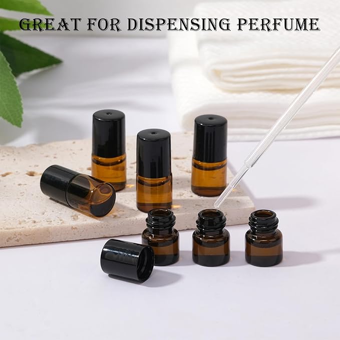 30 pack 1ml Amber Glass Roller Bottles for Essential Oils Refillable Roll-on Applicator with Stainless Steel Roller Balls Mini Leak-proof Makeup Containers with Pipettes and Bottle Opener