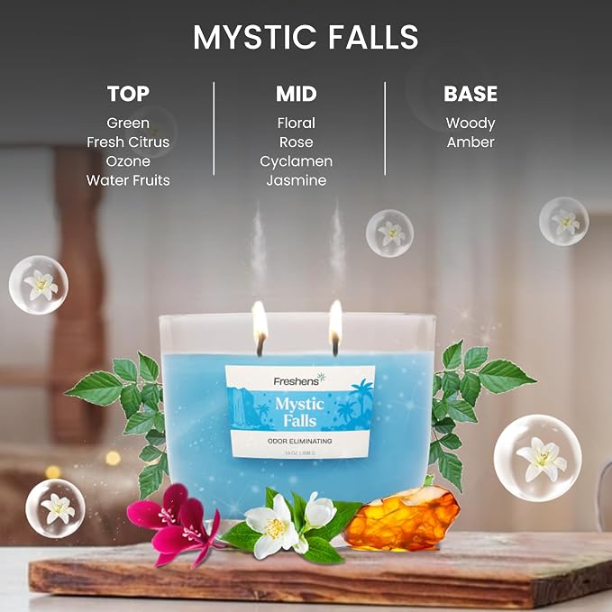 Carolina Freshens Mystic Falls Odor Eliminating Highly Fragranced Candle for Home Scented, Eliminates 90% of Pet, Smoke, Food and Other Smells Quickly, 2 Wick, 14 oz - Made in the USA