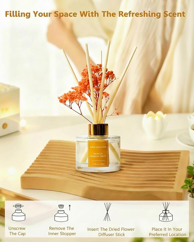 Reed Diffuser Set-Mango &Passion Fruit Scent Fragrance Oil Diffuser with 6 Reed Sticks | Home & Bedroom Bathroom Decor,3.38 fl oz (100ml)