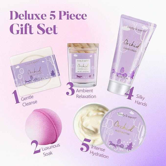 Spa Gifts for Women, Body & Earth 5 Pcs Gifts for Women Orchid Gift Sets, Bath and Body Womens Bath Gifts, Mothers Day Gift