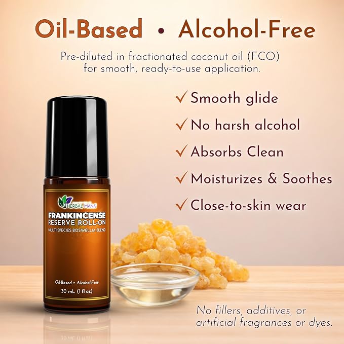 Frankincense Reserve Essential Oil Roll-On, 30mL (1 fl oz) – Deep Resin Blend with CO2 Extracts – Pre-Diluted in Fractionated Coconut Oil (FCO) – Oil-Based, Alcohol-Free Aromatherapy Roller