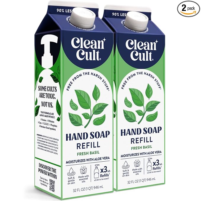Cleancult Liquid Hand Soap Refill - Fresh Basil - Moisturizes Dry & Sensitive Skin - Made with Aloe Vera & Essential Oils - Eco Friendly - Paper-Based Packaging - 32 oz/2 Pack