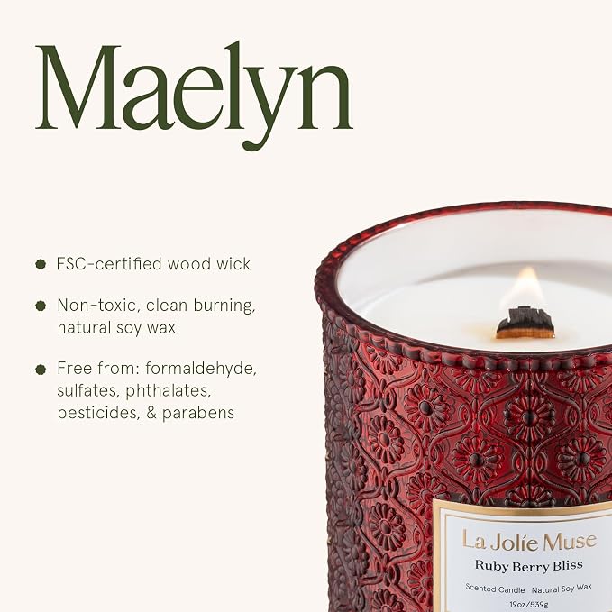 LA JOLIE MUSE Ruby Berry Bliss Scented Candles for Home,19 oz Natural Soy | Christmas Winter Holiday Decor, Large Luxury Red Jar Candle, Clean Non Toxic, Gift for Women,Men, Wood Wick, Orange,Cranberry