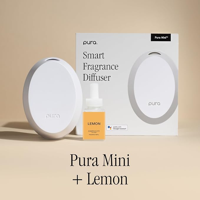 Pura Home Mini Fragrance Diffuser for Small Spaces Adjustable Smart Home Device with LED Light & Automatic Vial Detection - Includes 1 Scent Refill - Lemon