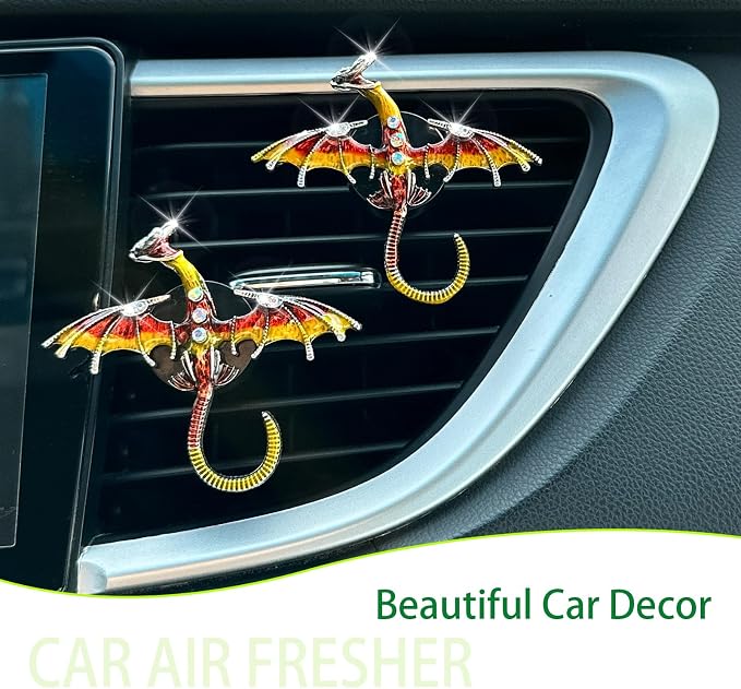 ORIESSE Dargon Car Accessories,Fire Dragon Air Vent Clips Car Air Freshener,2pcs Bling Red Yellow Enamel Wyvern Dashboard Decorations,Refillable Outlet Diffuser
