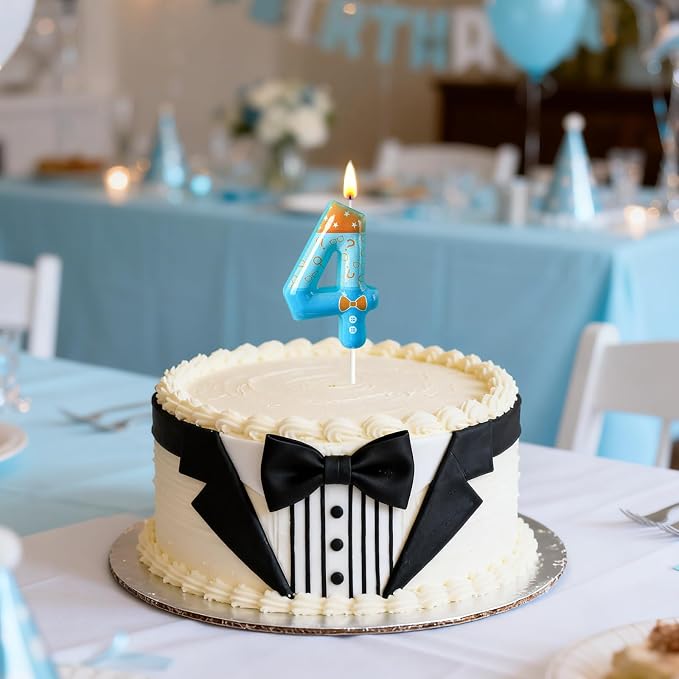 Number 4 Birthday Candle for Cake – Blue Cartoon Outfit Style with Bow Tie, Question Mark & Star Pattern – Fun Cake Topper Decoration for Celebration