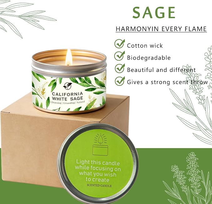 Sage Candles for Cleansing, Pure White Sage Candle 6 OZ- 35 Hour Burn Time, Aromatherapy Candle for Cleansing House Negative Energy Smudge Kit, Spiritual Meditation Housewarming Gifts
