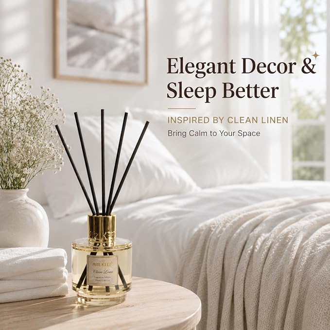 Airkeep Reed Diffuser Set with Refill & 8 Reed Sticks, 6.96 fl oz Clean Linen Home Fragrance, Long Lasting Aromatherapy Diffuser for Bedroom, Bathroom & Living Room