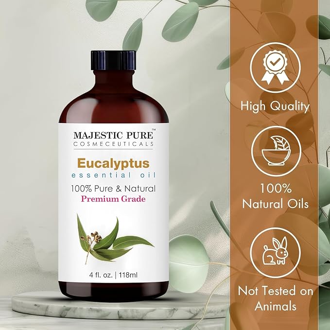 Majestic Pure Essential Oil with Glass Dropper - 100% Pure and Natural - Essential Oils for Diffuser, Aromatherapy, Soap and Candle Making, Eucalyptus Essential Oil, Eucalyptus Oil, 4 Fl Oz Pack of 2