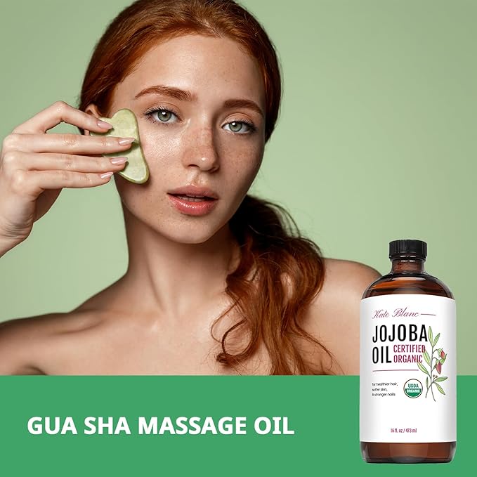 Kate Blanc Cosmetics Jojoba Oil for Hair, Face & Skin. Gua Sha Oil for Face Massage & Dermaplaning (16oz, Organic, 100% Pure, Natural)