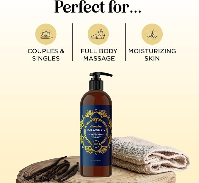 Luxurious Vanilla Massage Oil for Couples - Easy Glide Non Greasy Sweet Vanilla Sensual Massage Oils for Date Night with Silky Smooth Sweet Almond Oil Coconut and Jojoba - Vegan Non GMO & Gluten Free