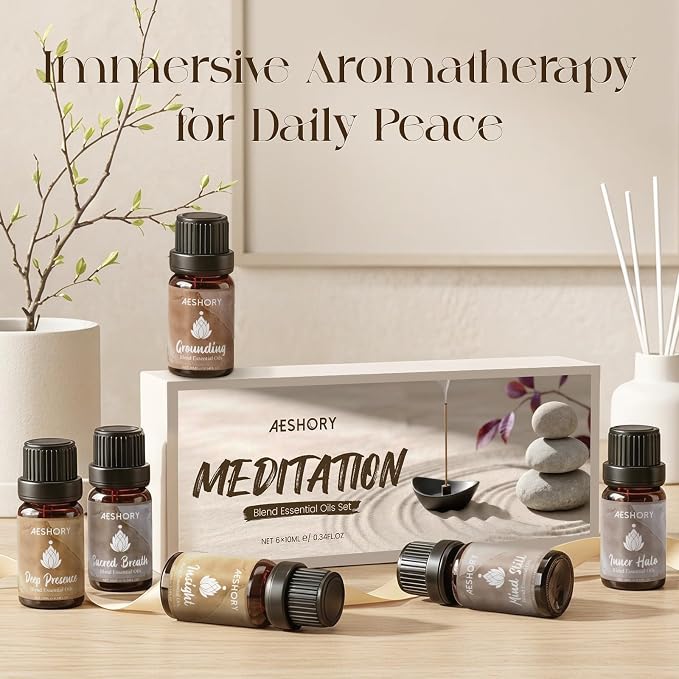 AESHORY Meditation Essential Oils Set, 6 Aromatherapy Blend Oils for Diffusers for Home, Yoga, Mindfulness & Relaxation, Deep Presence, Inner Halo, Grounding, Sacred Breath, Gift Set 6 x 10ML
