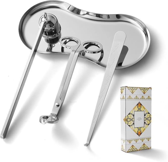 PATOISE 4 in 1 Candle Accessory Set, Candle Wick Trimmer Cutter, Candle Snuffer, Candle Wick Dipper Mini, Tray Holder in Gift Package for Candle Aromatherapy Lovers(4PCS Silver)