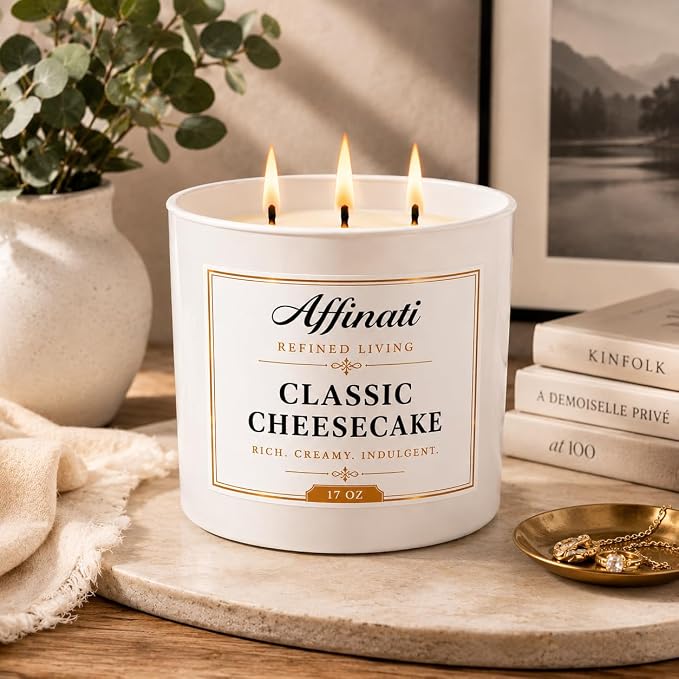 Affinati Classic Cheesecake 3-Wick Candle – Large Soy Blend Candle, Strong Scent Throw Sweet Rich Dessert Gourmand Bakery Candle, Premium Home Fragrance Gift