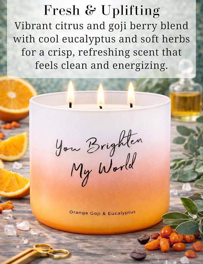 Orange Goji Eucalyptus Scented Soy Candle | Large 3-Wick Candle for Home, 15.8 oz | Citrus & Eucalyptus Aromatherapy Candle | Birthday & Thank You Gifts for Women | Candles for Women & Men