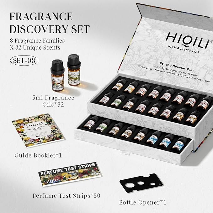 HIQILI Discovery Fragrance Oil Set - 32 Premium Scents for Essential Oils Diffuser, Humidifier, DIY Perfume, Candle & Soap Making, Laundry Dryer Balls, Home Aroma, Long Lasting Aromatherapy Gift Set