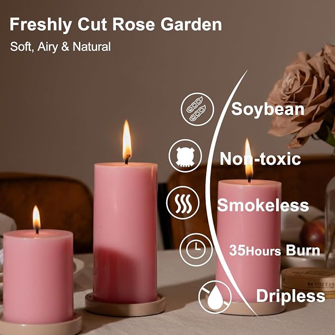 Pink Rose Scented Pillar Candles Set of 3, Soy Candles for Mother's Day,105 Hours Aromatherapy Candle Clean Burning for Bathroom Living Room,2x4 inch