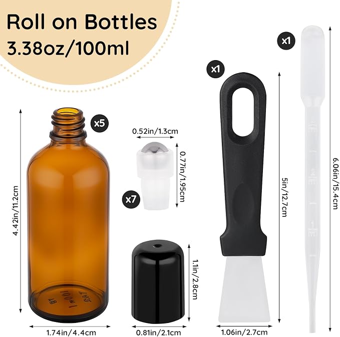 Segbeauty 3.4oz Thick Amber Glass Roller Bottles for Oils, 5pcs Empty Roll On Bottles for Perfume Massage Castor Essential Oil, 100ml Refillable Roller Ball Applicator with Stainless Steel Rollball