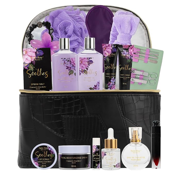26Pc Spa Gift Basket for Women, Face Skin Care Kit, Bath and Body Gift Set | CHARCOAL & SHEA BUTTER scents Leather Cosmetic Bag Bath Gift Set Home Spa Self Care Kit, Anniversary, Birthday, Mothers Day