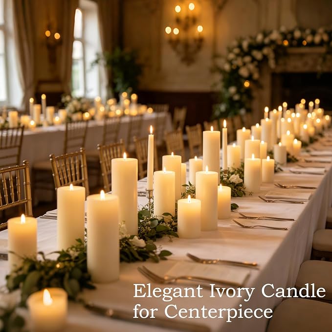 Ivory Pillar Candles – 2.8x4 Unscented Candle Set of 12 – Dripless, Smokeless, and Clean Burning Household Large Decorative Table Candles – Perfect for Weddings, Parties, Dinners