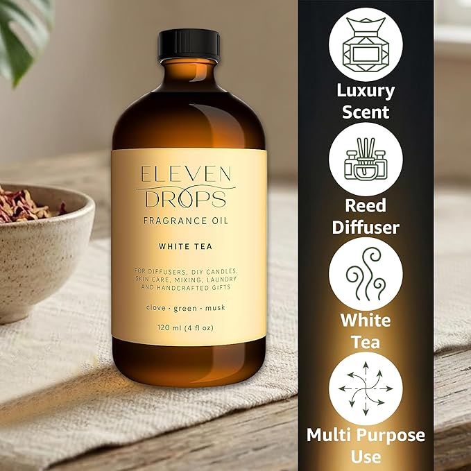 White Tea Fragrance Oil | Clove, Green & Musk Notes | Long Lasting Scent Reed Diffuser Oil for Home, Office, Hotel, Spa, Car & Linen Spray | Pet Friendly IFRA Compliant, 4 oz