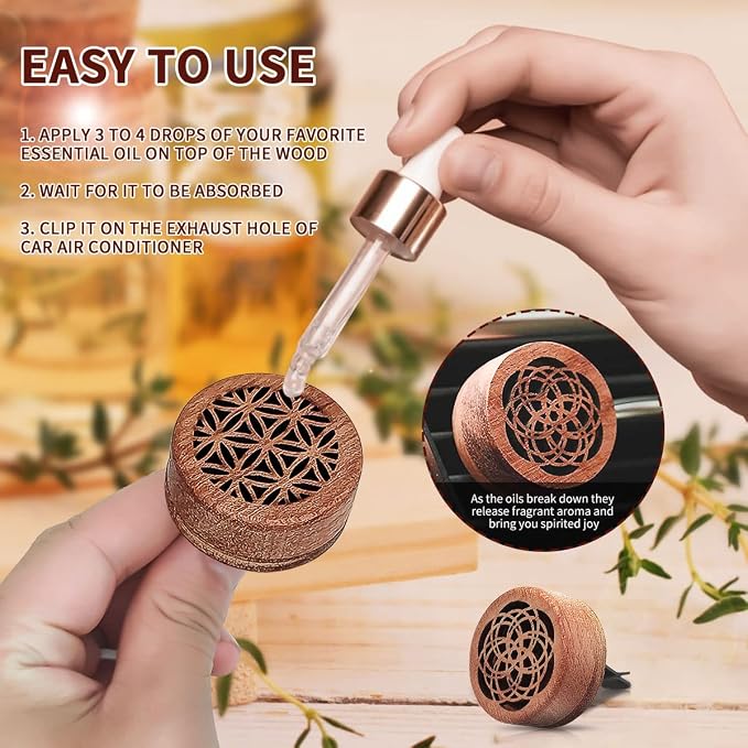 2-in-1 Car Aromatherapy Diffuser & Air Freshener, Portable Mini Wood Diffuser with Lava Stone, Essential Oil Vent Clip, 2 Charming Patterns