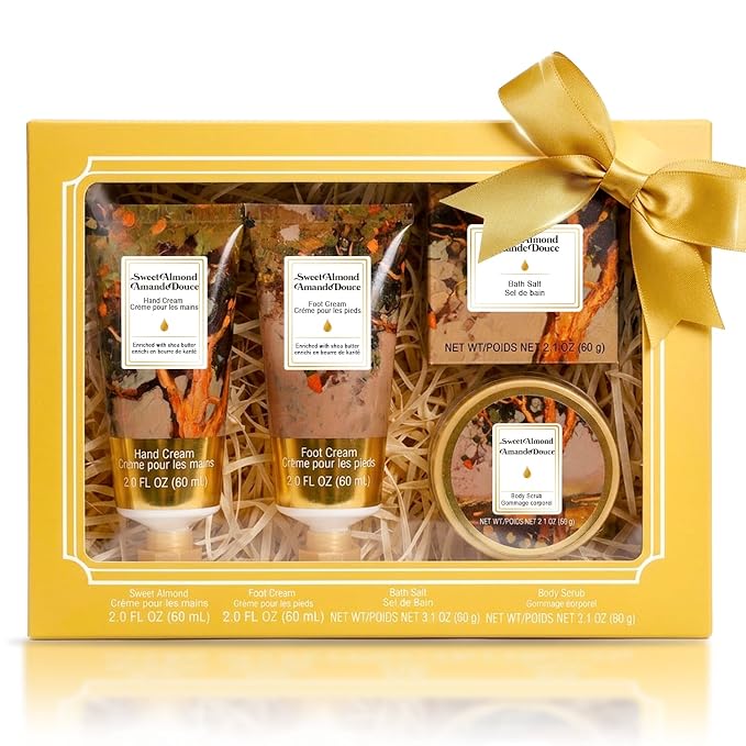BODY & EARTH # LOVE Hand Cream Gifts Set for Women, 4PCS Almond Spa Gifts with Hand Cream, Foot Cream, Body Scrub, Bath Salt, Shea Butter Bath and Body Gift Sets for Women Birthday Gift for Her