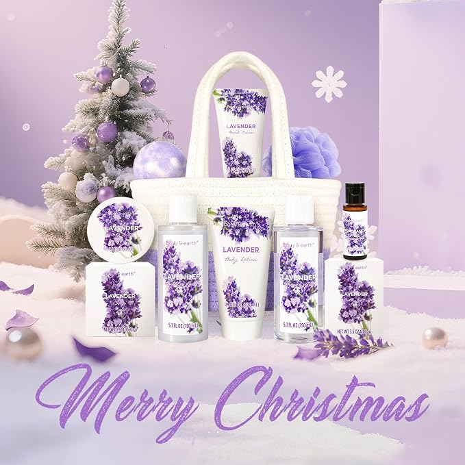 BODY & EARTH Spa Gift Baskets for Women 11pcs Lavender Gift Sets with Bubble Bath, Shower Gel, Body Lotion, Mom Birthday Gifts, Spa Kit, Purple Gift for Her, Mothers Day Gifts for Mom