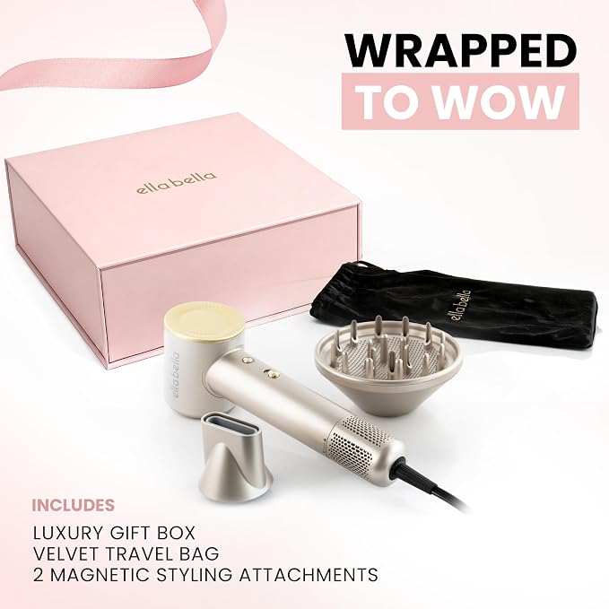 ELLA BELLA® Compact Plasma Hair Dryer, Advanced Plasma Technology Blow Dryer with Digital Display, Rapid Drying, Low Noise, & Luxury Velvet Travel Bag - Includes Diffuser & Nozzle- for All Hair Types
