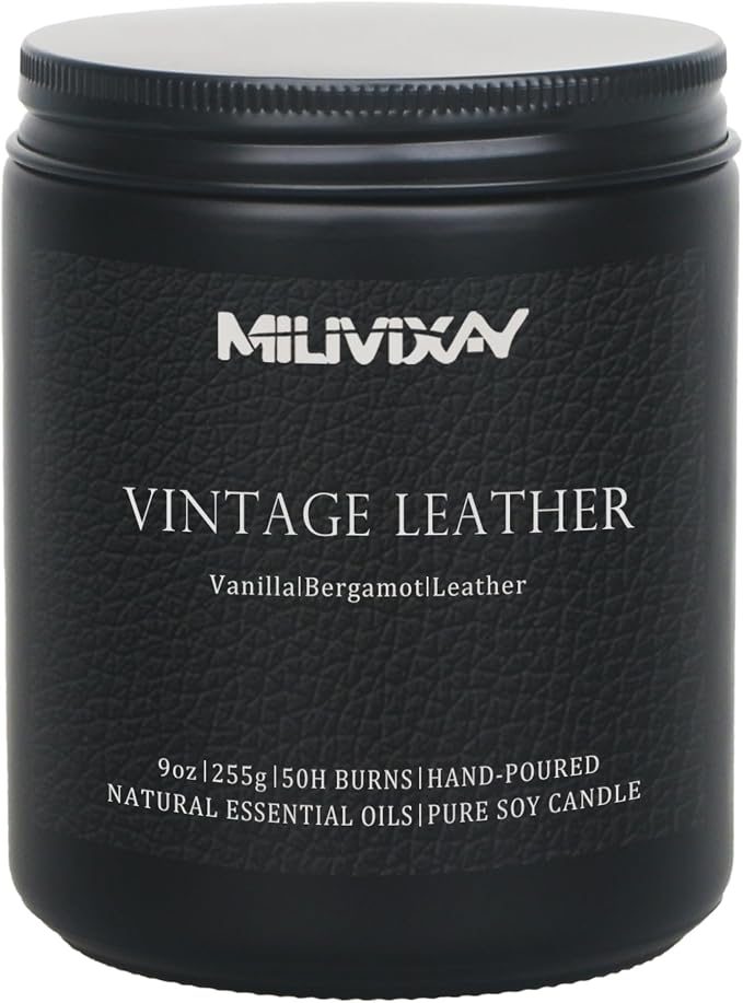 MILIVIXAY Candle for Men Vintage Leather Scented Classic 9oz Jar Single Wick Candle, Soy Wax Candles for Consistent Burn, Over 50 Hours of Burn Time, Ideal for Creating Relaxing & Holiday Gifting.