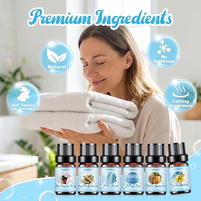 Essentials Oils for Laundry, Clean Fragrance Oils for Diffuser, Candle & Soap Making, Use with Wool Dryer Balls,Fresh Uplift,Citrus Summer, Ocean Fog, Falls Fresh, Santal & Vetiver, Blossoms & Berry