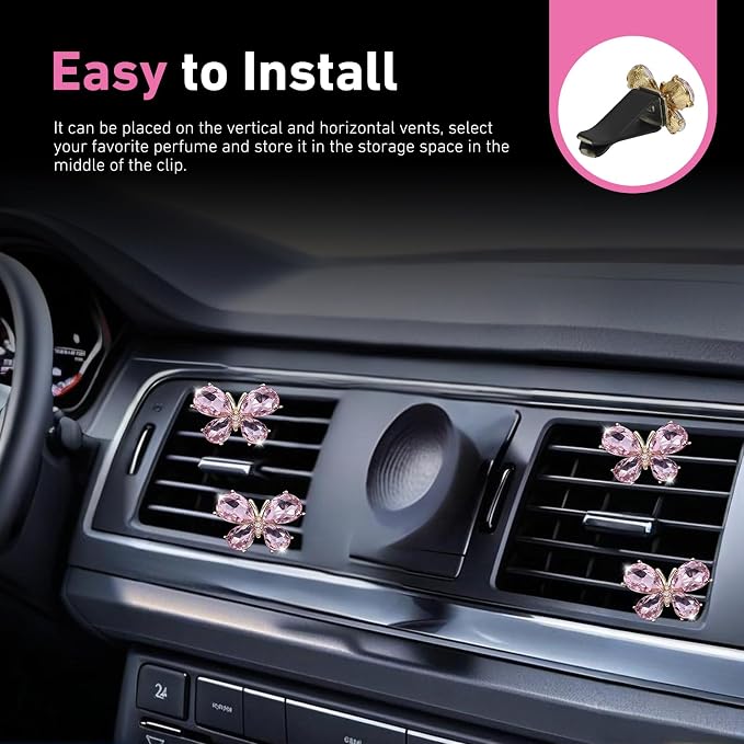 5PCS Bling Butterfly Car Air Vent Clips, Rhinestone-studded Vehicle Vent Trim Decor Accessories, Cute Creativity Crystal Butterfly Diffuser, Universal for Most Vehicles (Pink)
